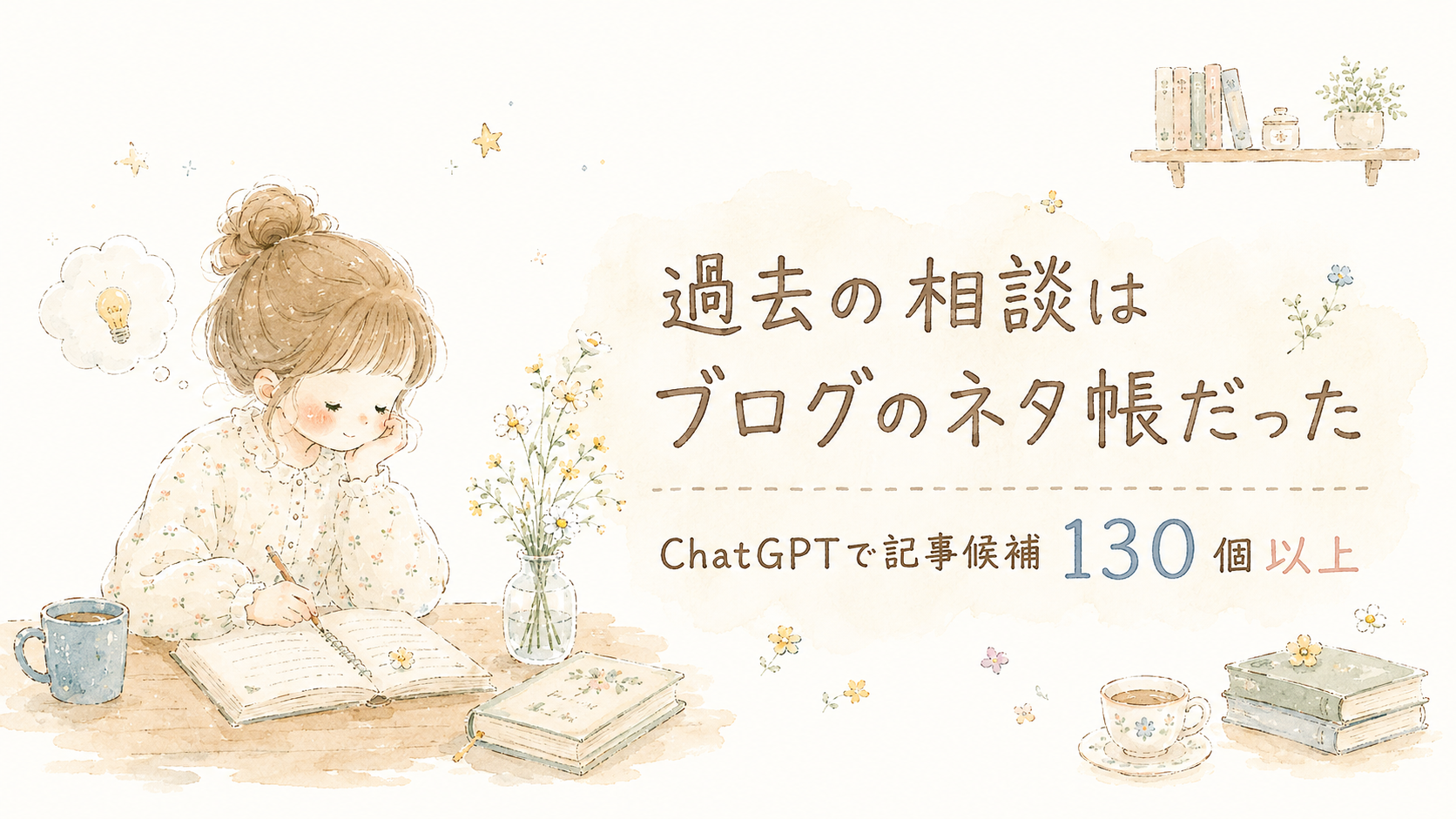 ChatGPTの過去の相談からブログ記事候補が130個以上見つかったことを表す水彩風のアイキャッチ